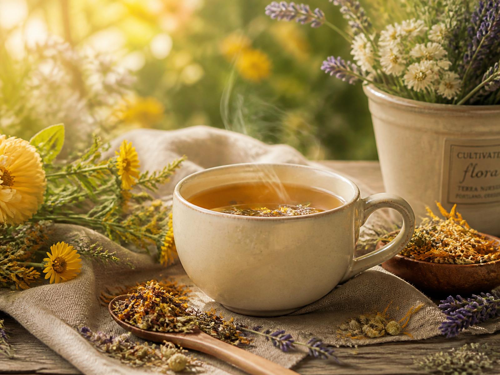 Steaming cup of botanical tea surrounded by wildflowers